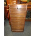 A VINTAGE OAK TAMBOUR FRONTED FILING CABINET H-96 CM W-46.5 CM