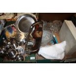 TWO TRAYS OF METALWARE AND GLASSWARE TO INCLUDE OLDHALL STAINLESS STEEL, SYLVAC FRUIT PATTERN JUG