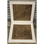 A PAIR OF ANTIQUE FRAMED FIGURATIVE TAPESTRIES SIZE - 48.5CM X 48.5CM