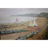 A GILT FRAMED OIL ON BOARD ENTITLED PORLOCK BAY BY DAVID ALLEN - 41CM BY 30.5 CM