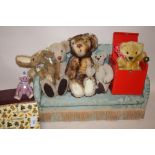 A COLLECTION OF VINTAGE TEDDY BEARS TO INCLUDE A DEAN'S BEAR IN A BOX, SEATED UPON A MINIATURE