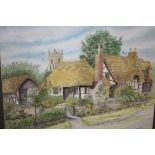 A GILT FRAMED AND GLAZED MIXED MEDIA OF THATCHED COTTAGES SIGNED R B TAYLOR 1986