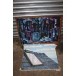 AN ABSTRACT OIL ON PAPER LAID ON BOARD DEPICTING A TOWN SCENE, TOGETHER WITH AN UNFRAMED OIL ON