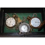 THREE ASSORTED POCKET WATCHES ON CHAINS IN A VINTAGE LEATHER JEWELLERY BOX