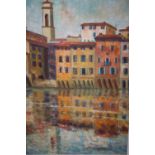 A FRAMED OIL ON BOARD ENTITLED REFLECTIONS IN THE ARNO - BY LILY ARROWSMITH - 58.5 CM BY 43.5CM