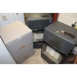 TWO MANSION GAS HEATERS AND A TWO DRAWER FILING CABINET