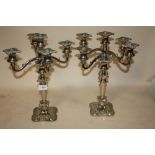 A PAIR OF SILVER PLATED FIVE BRANCH CANDELABRA HEIGHT - 36CM