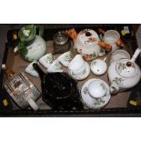 A TRAY OF NOVELTY TEA POTS TOGETHER WITH A REGENCY LILY OF THE VALLEY COFFEE SET