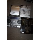 A TECHNICS SH-DJ1200 AUDIO MIXER TOGETHER WITH A PIONEER CONTROL MIXER, A BEHRINGER EURORACK