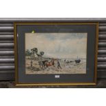 A FRAMED AND GLAZED WATERCOLOUR OF A SHORE LAND WITH HORSE AND CART SIGNED J.H.M. KAY, 54 X 36 CM
