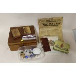 A BOX OF COLLECTABLES AND COSTUME JEWELLERY TO INCLUDE A SILVER BROOCH, COMPACT ETC