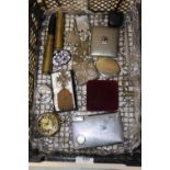 A SMALL TRAY OF COLLECTABLES TO INCLUDE BADGES, COMBINATION CIGARETTE CASE LIGHTER AND CLOCK ETC