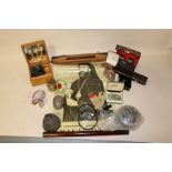 A BOX OF COLLECTABLES TO INCLUDE A LOOM SHUTTLE, MUSICAL BOX, CUFFLINKS ETC