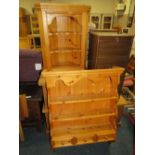 A HONEY PINE HANGING WALL RACK W-85 CM AND A CORNER CABINET (2)