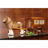 A LARGE CERAMIC SHIRE HORSE AND WOODEN CART FIGURE WITH FURNITURE