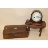 AN ANTIQUE ROSEWOOD WRITING SLOPE WITH MOTHER OF PEARL CARTOUCHE, TOGETHER WITH A SMALL WOODEN STOOL