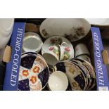 A BOX OF ASSORTED CHINA TO INCLUDE VICTORIA CHINA AND GAUDY WELSH TYPE CHINA