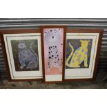 THREE FRAMED AND GLAZED MACKENZIE THORPE CAT PRINTS, LARGEST INCLUDING FRAME 73 X 93 CM