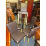 A MODERN GLASS TOPPED TABLE WITH CHROMED BASE AND SIX MODERN CHAIRS