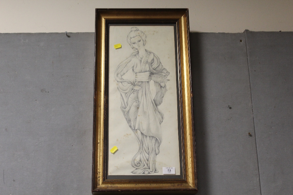 A GILT FRAMED AND GAZED PENCIL DRAWING OF A GEISHA, SIGNED 'ELAINE 76', 52 X 22 CM