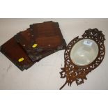 A TUNBRIDGEWARE INLAID PIERCED MAHOGANY MIRROR WITH FIGURAL INLAY TO REVERSE A/F TOGETHER WITH THREE