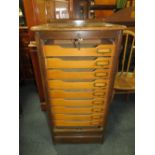 A VINTAGE OAK TAMBOUR FRONTED FILING CABINET H-96 CM W-46.5 CM A/F WORM DAMAGE - VENEER LOSS