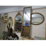 A GILT FRAMED ARCHED WALL MIRROR H-93 CM WITH FOUR ADDITIONAL GILT MIRRORS (5)