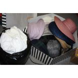 A BOX OF LADIES HATS TOGETHER WITH A BAG OF VINTAGE LINEN