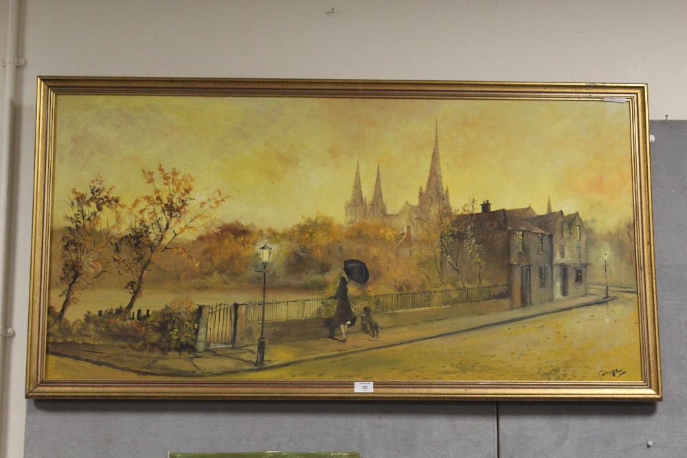 A LARGE GILT FRAMED OIL ON BOARD DEPICTING A WOMAN WITH DOG BY RAILINGS, BY CAVAN CORRIGAN, SIGNED