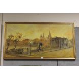 A LARGE GILT FRAMED OIL ON BOARD DEPICTING A WOMAN WITH DOG BY RAILINGS, BY CAVAN CORRIGAN, SIGNED