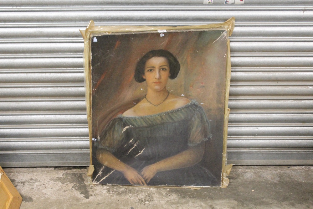 AN ANTIQUE UNFRAMED OIL ON CANVAS PORTRAIT STUDY OF A LADY IN CLASSIC DRESS, A/F - CANVAS BROKEN, 64