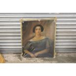 AN ANTIQUE UNFRAMED OIL ON CANVAS PORTRAIT STUDY OF A LADY IN CLASSIC DRESS, A/F - CANVAS BROKEN, 64