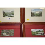 FOUR SMALL FRAMED AND GLAZED OIL PAINTINGS DEPICTING RURAL RIVER AND MOUNTAINOUS SCENES SIZE - 11.