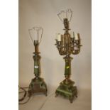 TWO ONYX AND BRASS EFFECT VINTAGE TABLE LAMPS TO INCLUDE A FIVE BRANCH EXAMPLE - TALLEST 72CM -