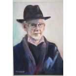 A FRAMED OIL ON BOARD PORTRAIT STUDY OF A GENTLEMAN IN A HAT ENTITLED 'MAKE ME AN OFFER ON THIS
