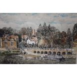 A FRAMED AND GLAZED WATERCOLOUR ENTITLED ARLEY FERRY (WORCS) SIGNED R W DICKENS LOWER CENTRE - 50.