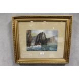 A GILT FRAMED AND GLAZED WATERCOLOUR OF A SEA CLIFF, INITIALLED K.M, TOGETHER WITH A WATERCOLOUR