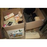 TWO BOXES OF ASSORTED SUNDRIES TO INCLUDE LADIES HANDBAGS, PICTURES, SOFT TOYS ETC.