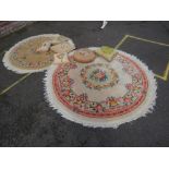 TWO MODERN CHINESE WOOLLEN RUGS WITH FIVE ASSORTED CUSHIONS (7)