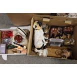 TWO BOXES OF ASSORTED COLLECTABLES TO INCLUDE COSTUME JEWELLERY, STAFFORDSHIRE STYLE FIGURE, MARBLES