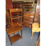 A SMALL OPEN OAK BOOKCASE W-76 CM WITH AN OAK SIDE TABLE, TROLLEY AND ANOTHER SIDE TABLE (4)