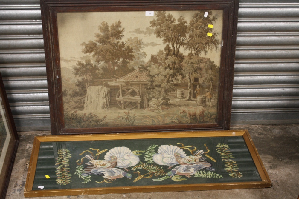 AN ANTIQUE OAK FRAMED AND GLAZED TAPESTRY DEPICTING A WATERMILL TOGETHER WITH A GILT FRAMED