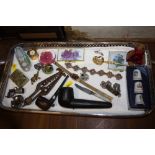 A TWIN HANDLED TRAY OF COLLECTABLES TO INCLUDE A MICRO MOSAIC BRACELET, VINTAGE PIPE ETC.
