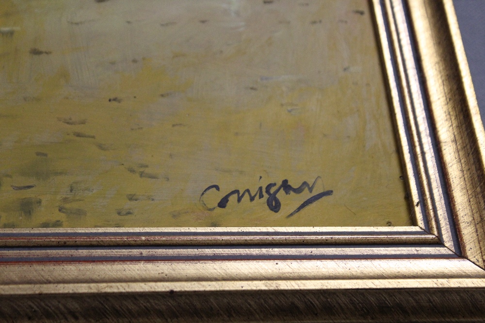 A LARGE GILT FRAMED OIL ON BOARD DEPICTING A WOMAN WITH DOG BY RAILINGS, BY CAVAN CORRIGAN, SIGNED - Image 2 of 2