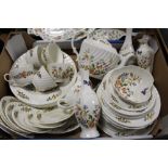 A TRAY OF AYNSLEY COTTAGE GARDEN CHINA TO INCLUDE A TEA POT, CUPS AND SAUCERS ETC.