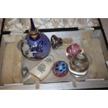 A SMALL BOX OF COLLECTABLES TO INCLUDE GLASS PAPER WEIGHTS, LUSTRE SCENT BOTTLE ETC