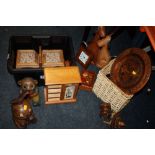 A QUANTITY OF TREEN TO INCLUDE FIGURES, JEWELLERY BOX ETC.