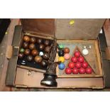 A BOX OF VINTAGE LAWN BOULES BALL, SPELTER FIGURE AND SNOOKER BALLS