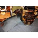 THREE VINTAGE MIRRORS TO INCLUDE AN ARCHED TOPPED WALL MIRROR, SHIELD SHAPED DRESSING TABLE MIRROR