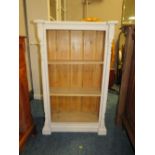 A VINTAGE PAINTED PINE OPEN BOOKCASE H-105 W-66 CM (2)